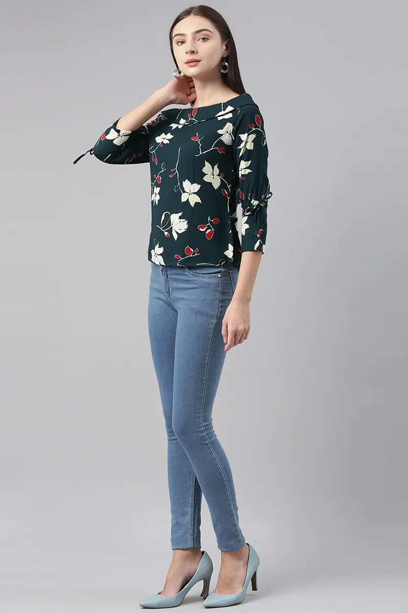 Teal Georgette Floral Printed Regular Top