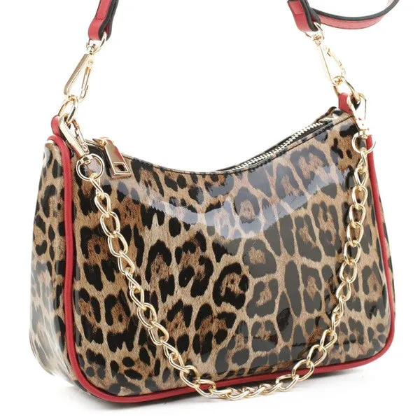 TEEK - Glossy Leopard Chain Link Crossbody Satchel