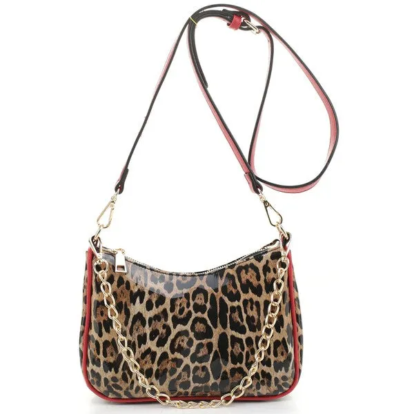 TEEK - Glossy Leopard Chain Link Crossbody Satchel