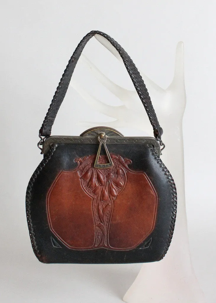 Vintage Early 1930s Art Deco Tooled Leather Purse