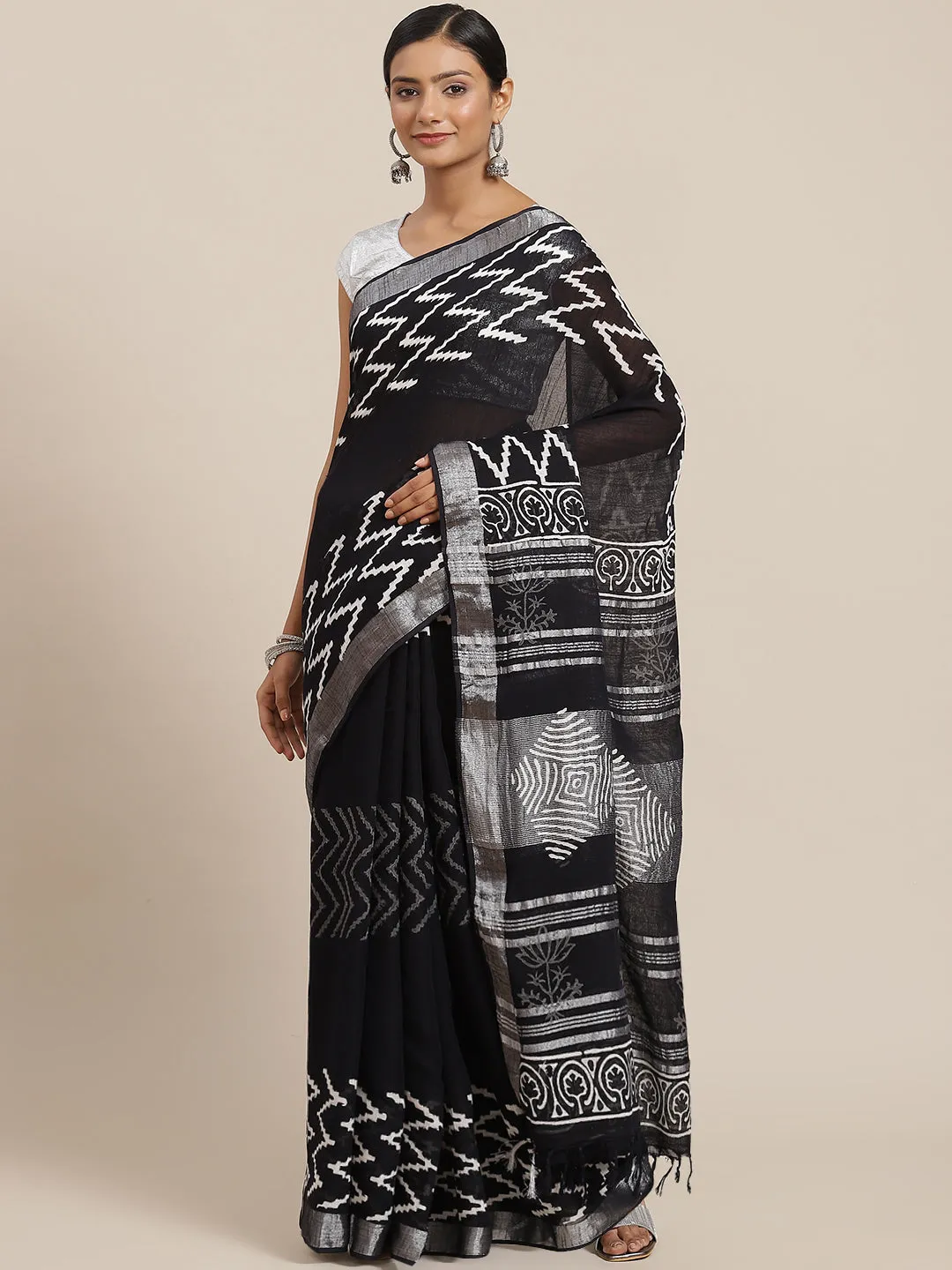 Women Black Linen Blend Block Print Saree