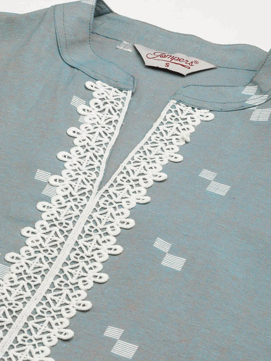 Women Grey Cotton Jacquard Geometric Printed Kurta