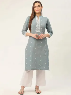 Women Grey Cotton Jacquard Geometric Printed Kurta