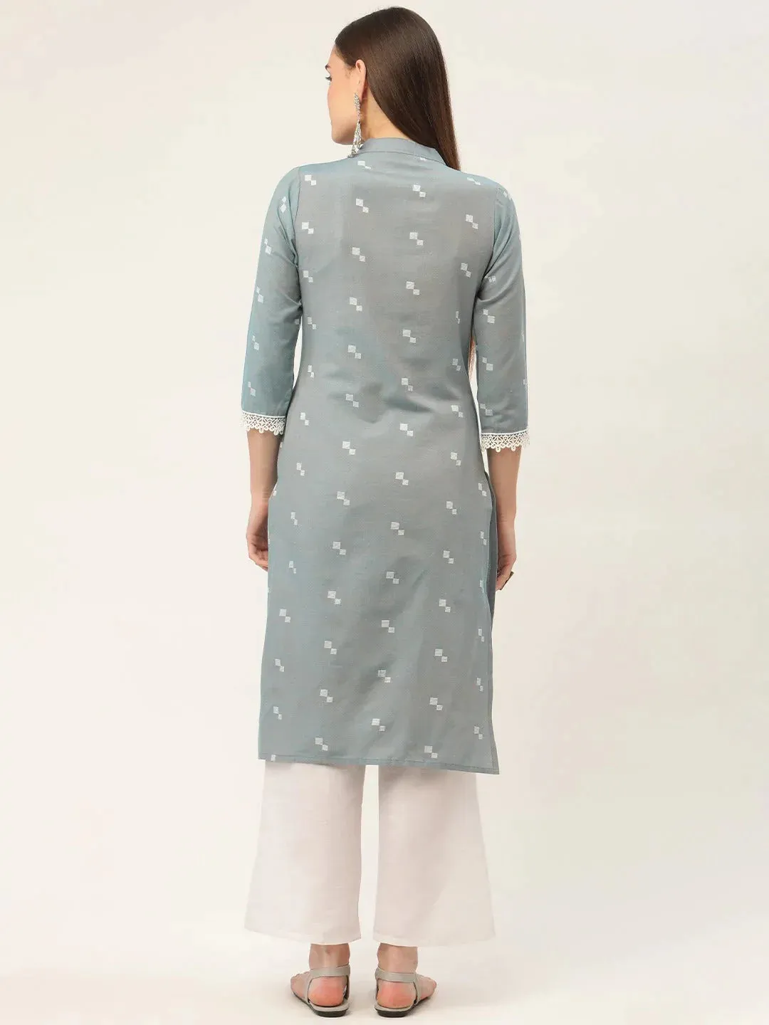 Women Grey Cotton Jacquard Geometric Printed Kurta