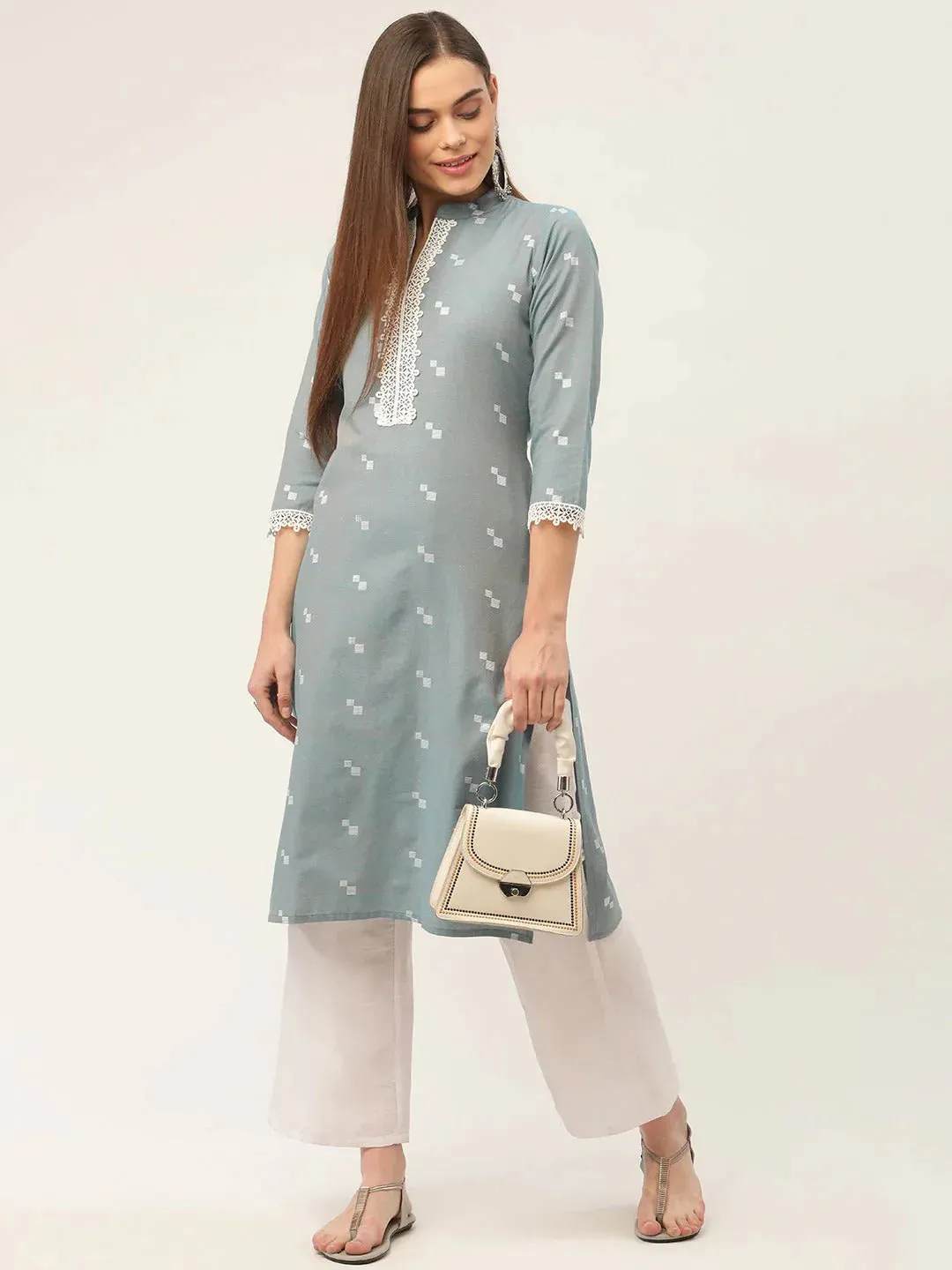 Women Grey Cotton Jacquard Geometric Printed Kurta