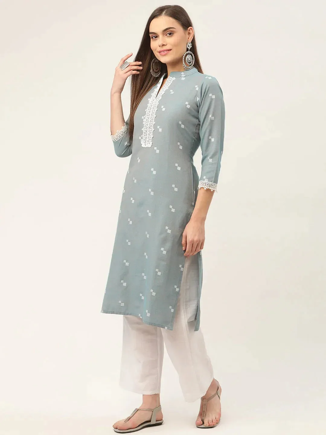 Women Grey Cotton Jacquard Geometric Printed Kurta