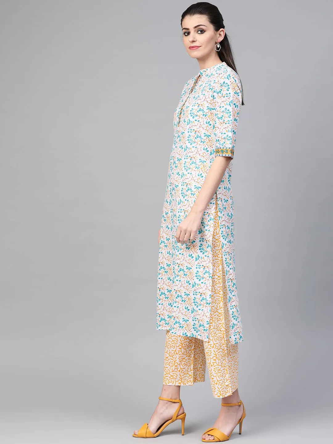 Women White & Blue Straight Floral Printed Kurta And Palazzos Set With Dupatta
