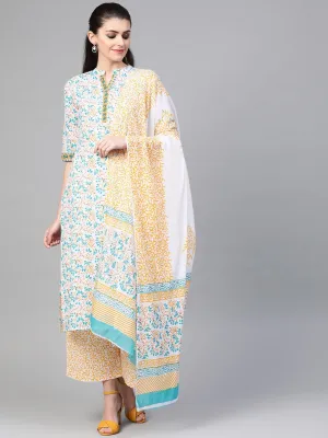 Women White & Blue Straight Floral Printed Kurta And Palazzos Set With Dupatta