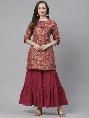 Women'S Burgundy & Golden Floral Screen Printed Kurta With Sharara