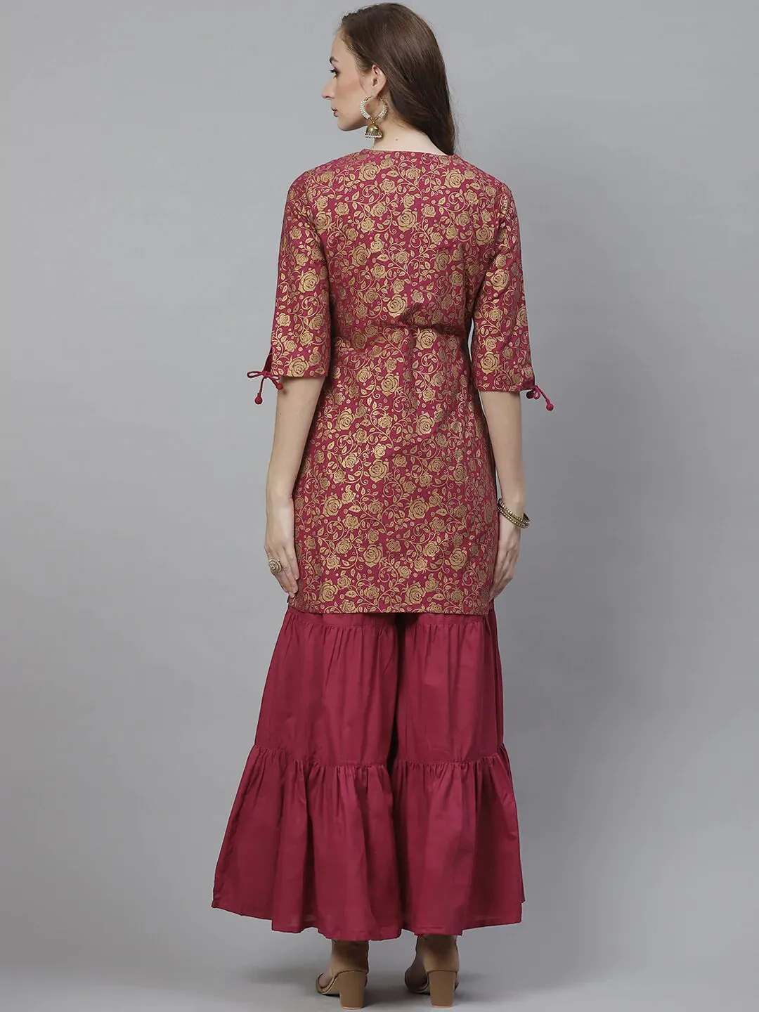 Women'S Burgundy & Golden Floral Screen Printed Kurta With Sharara