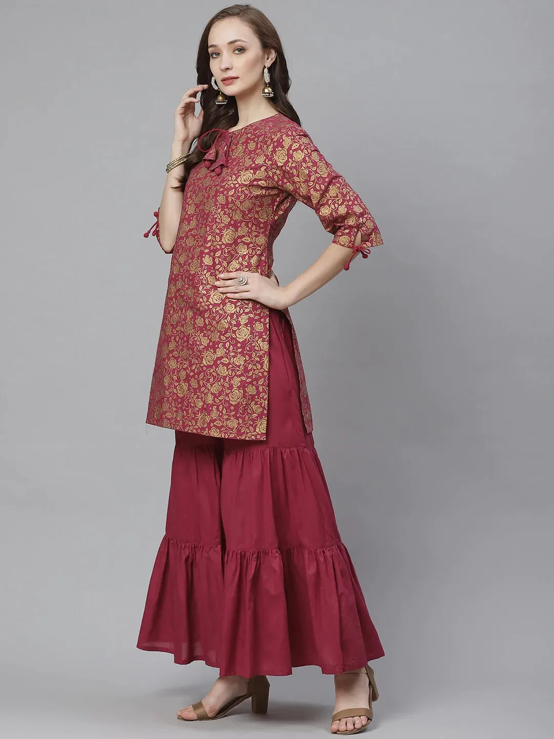 Women'S Burgundy & Golden Floral Screen Printed Kurta With Sharara