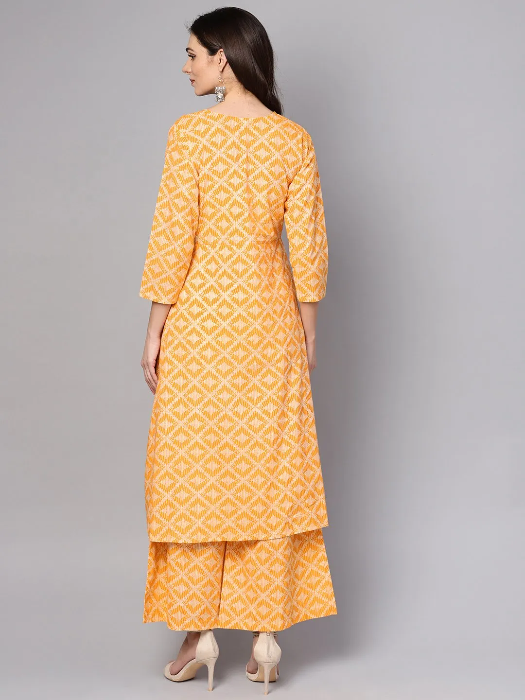 Yellow Geometric Printed Kurta Set With Flared Palazzo