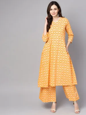 Yellow Geometric Printed Kurta Set With Flared Palazzo