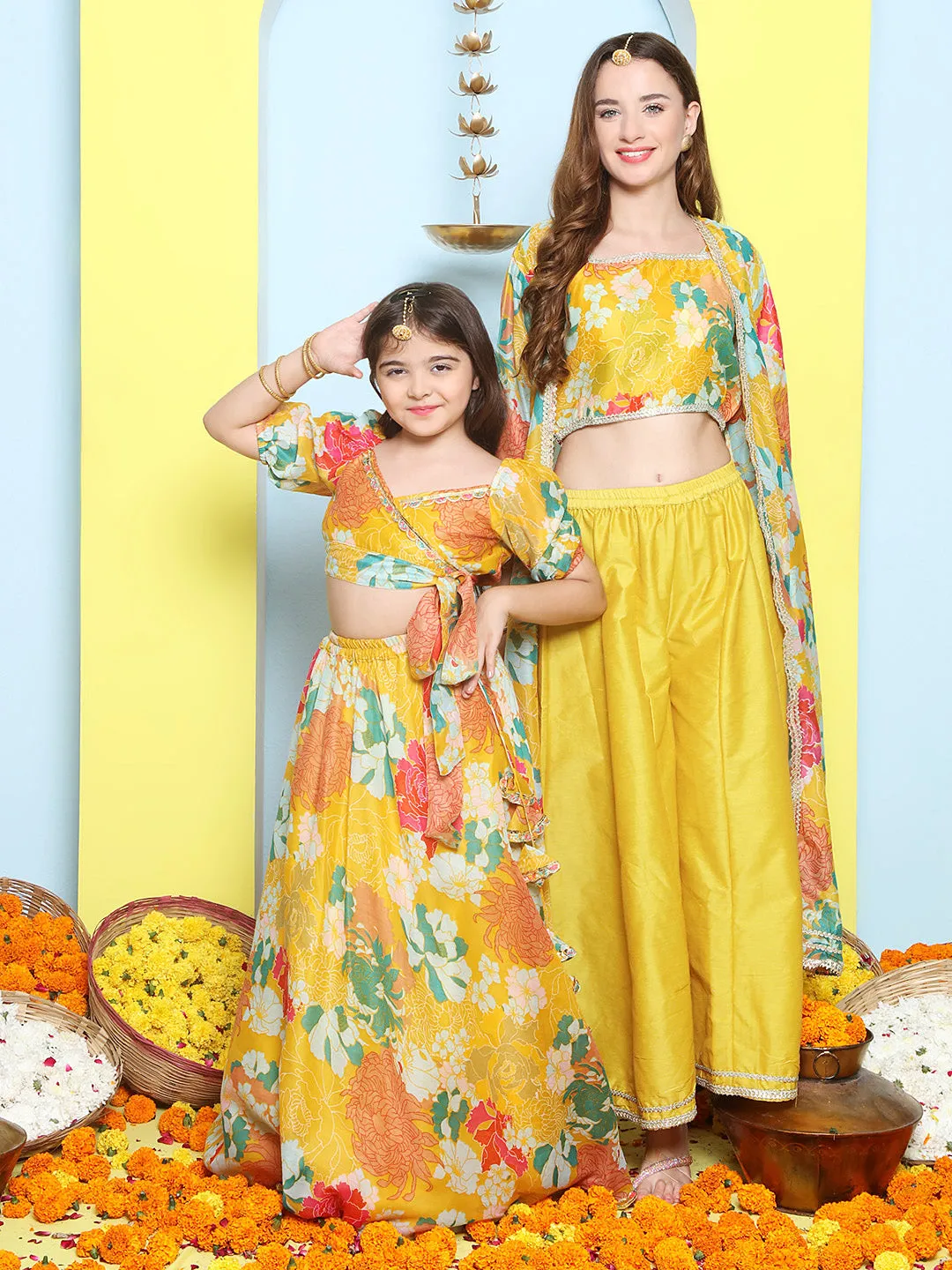 Yellow Multi Floral Printed Jacket with Cami - Sharara For Women & Lehenga Choli Set For Girl