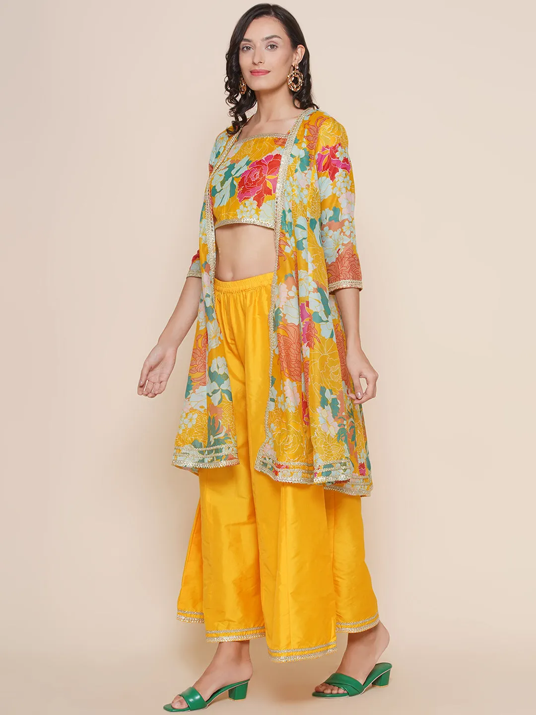 Yellow Multi Floral Printed Jacket with Cami - Sharara For Women & Lehenga Choli Set For Girl