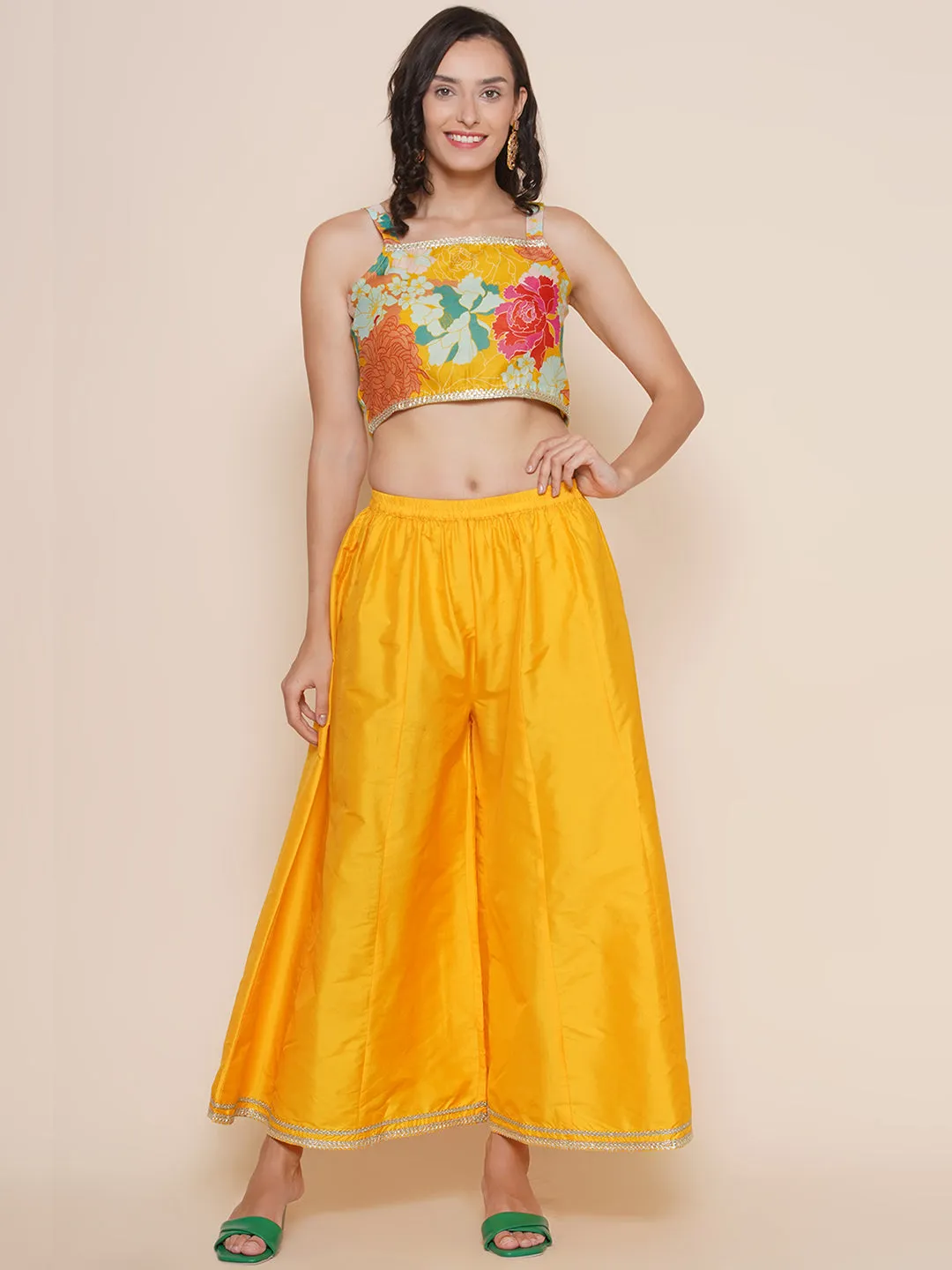 Yellow Multi Floral Printed Jacket with Cami - Sharara For Women & Lehenga Choli Set For Girl
