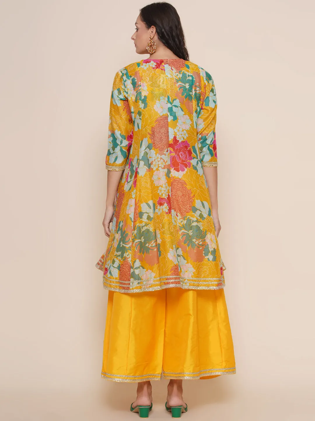 Yellow Multi Floral Printed Jacket with Cami - Sharara For Women & Lehenga Choli Set For Girl