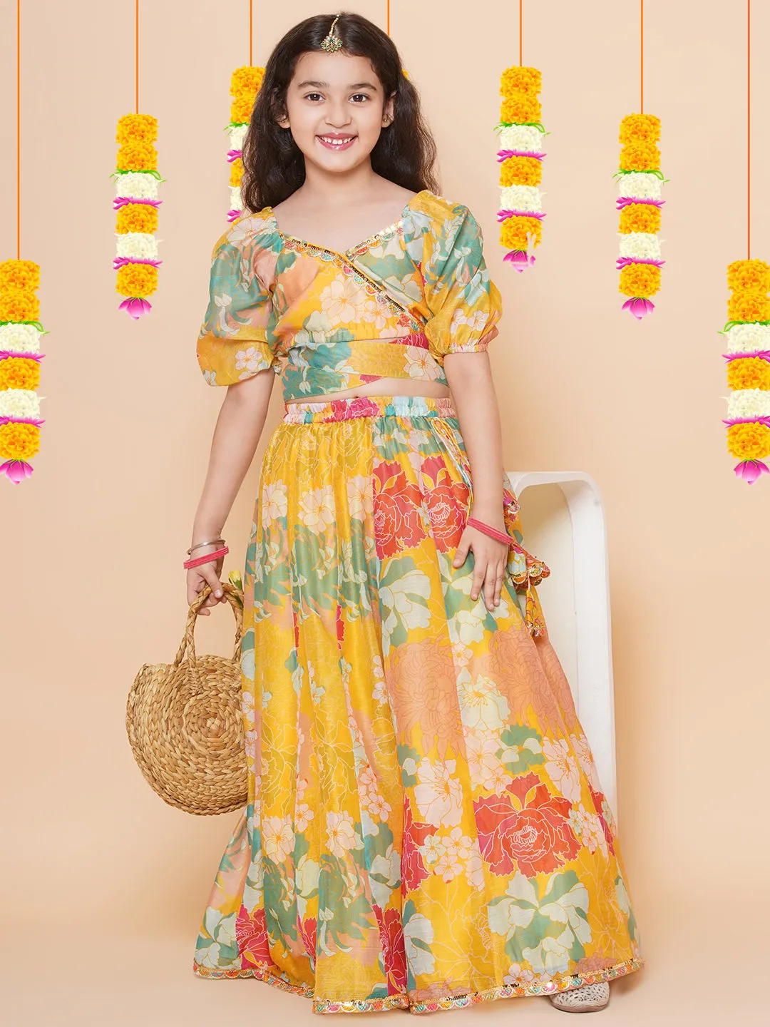 Yellow Multi Floral Printed Jacket with Cami - Sharara For Women & Lehenga Choli Set For Girl