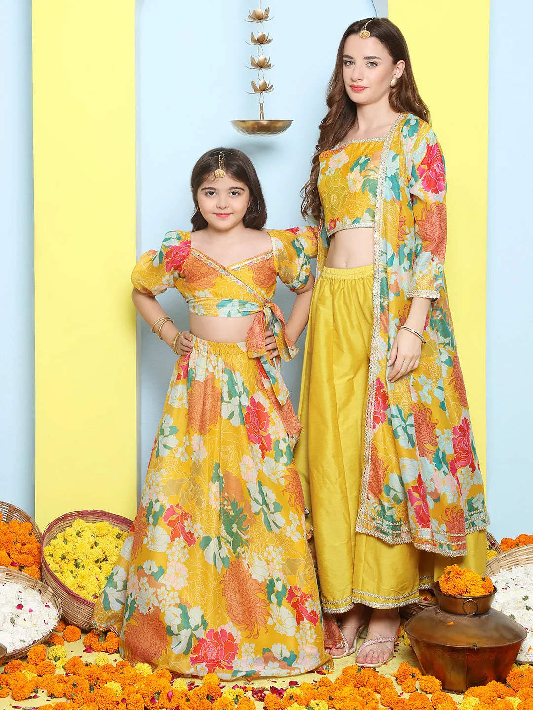 Yellow Multi Floral Printed Jacket with Cami - Sharara For Women & Lehenga Choli Set For Girl