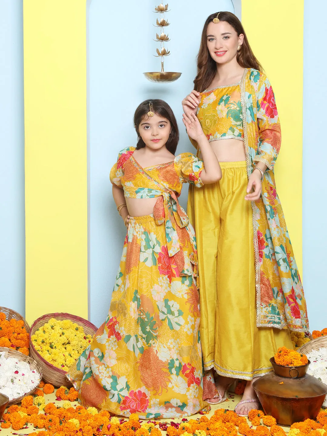 Yellow Multi Floral Printed Jacket with Cami - Sharara For Women & Lehenga Choli Set For Girl