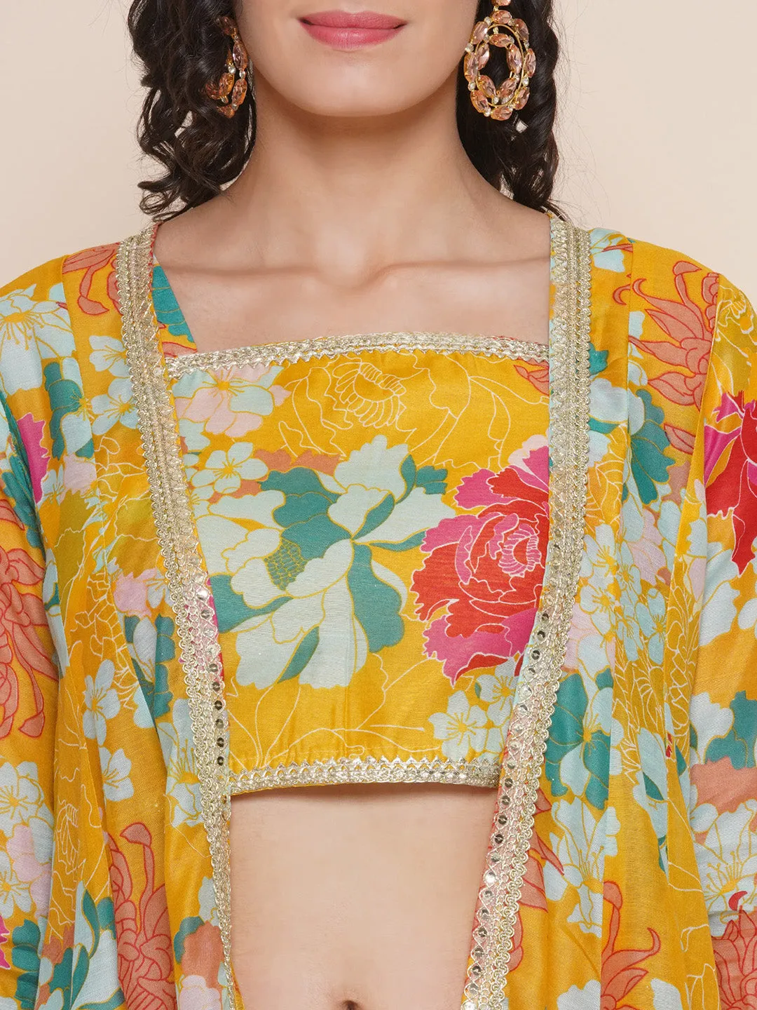 Yellow Multi Floral Printed Jacket with Cami - Sharara For Women & Lehenga Choli Set For Girl