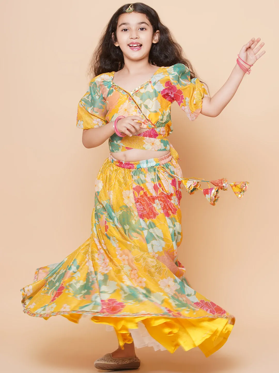 Yellow Multi Floral Printed Jacket with Cami - Sharara For Women & Lehenga Choli Set For Girl