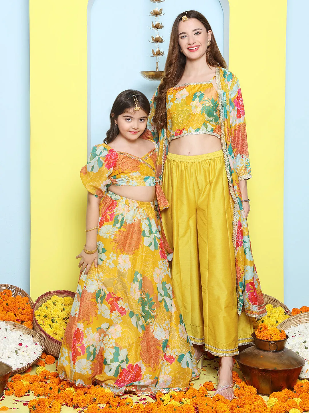 Yellow Multi Floral Printed Jacket with Cami - Sharara For Women & Lehenga Choli Set For Girl