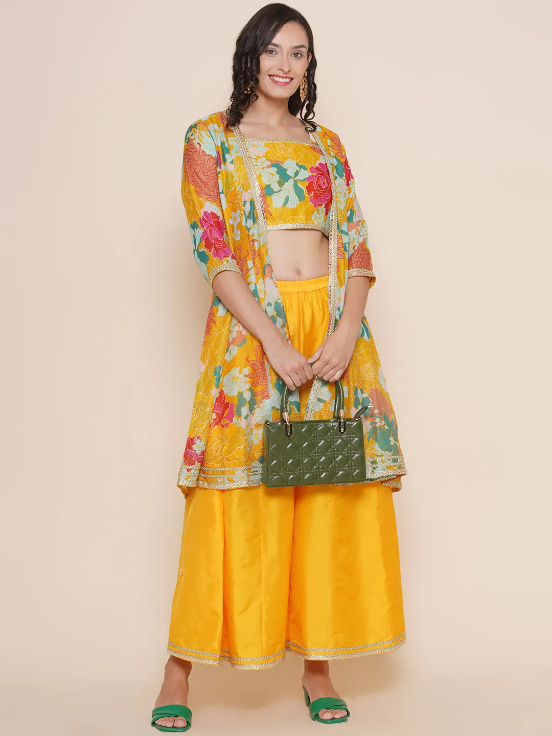 Yellow Multi Floral Printed Jacket with Cami - Sharara For Women & Lehenga Choli Set For Girl