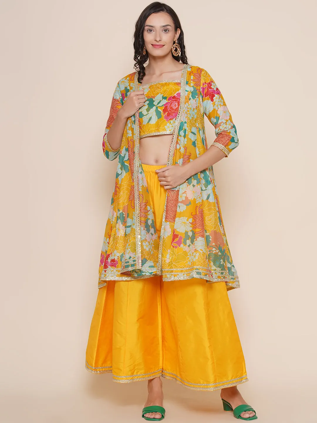 Yellow Multi Floral Printed Jacket with Cami - Sharara For Women & Lehenga Choli Set For Girl