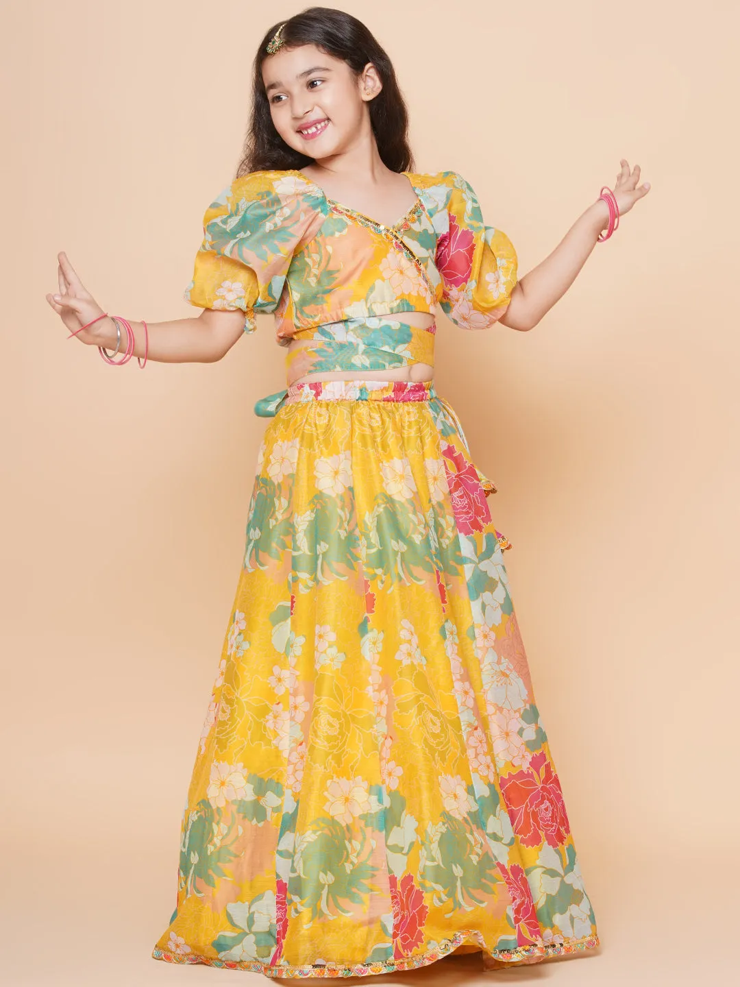 Yellow Multi Floral Printed Jacket with Cami - Sharara For Women & Lehenga Choli Set For Girl