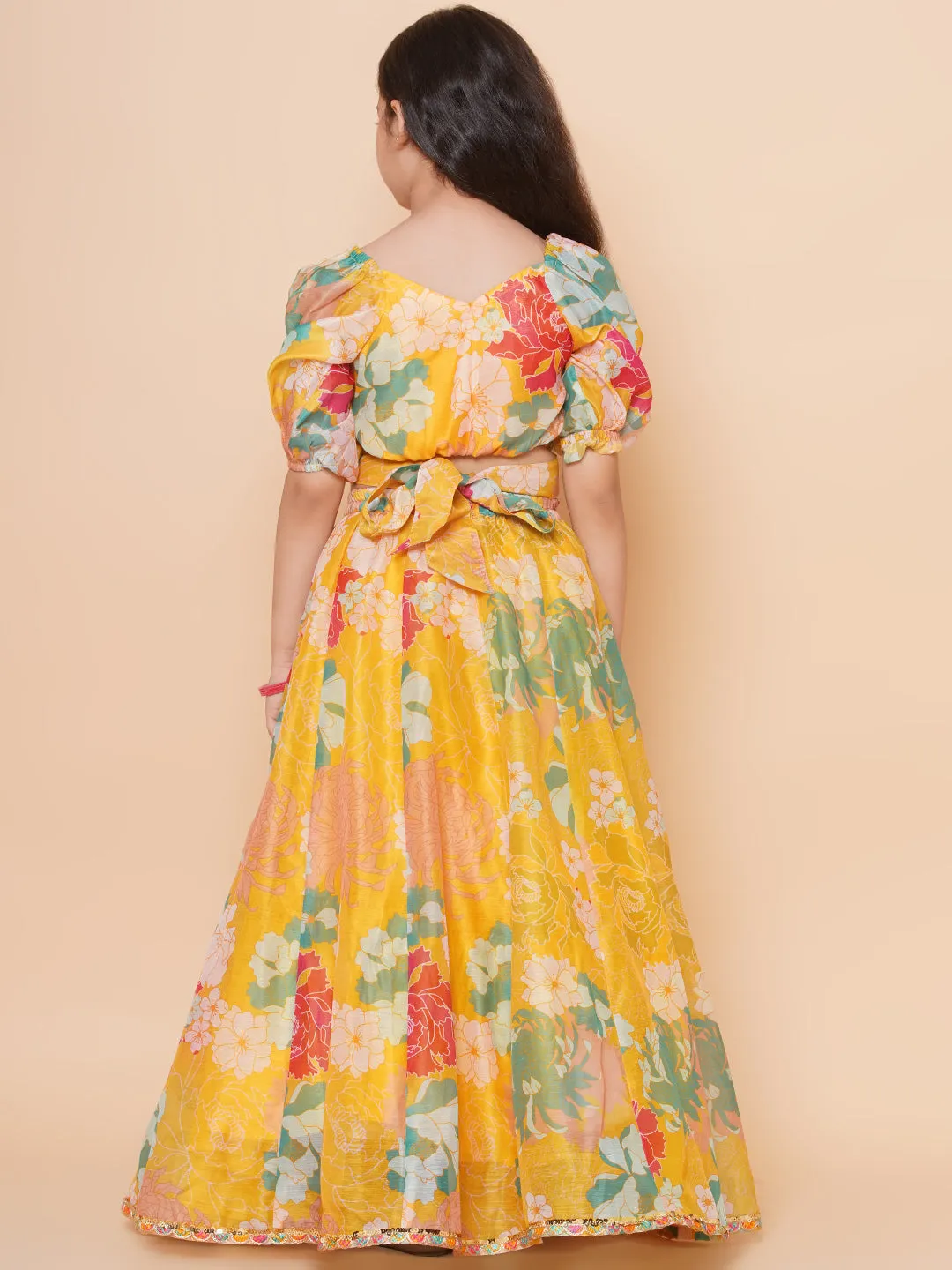 Yellow Multi Floral Printed Jacket with Cami - Sharara For Women & Lehenga Choli Set For Girl
