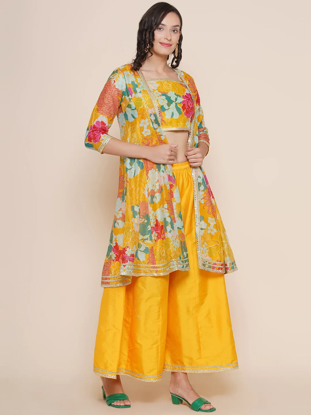 Yellow Multi Floral Printed Jacket with Cami - Sharara For Women & Lehenga Choli Set For Girl