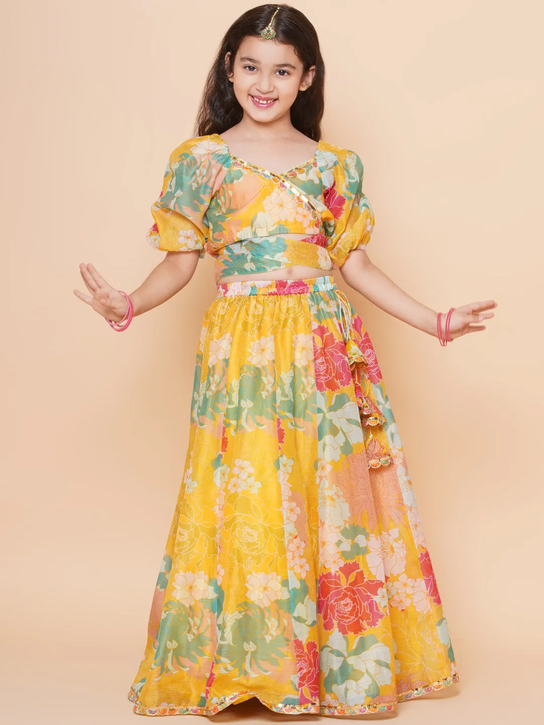 Yellow Multi Floral Printed Jacket with Cami - Sharara For Women & Lehenga Choli Set For Girl