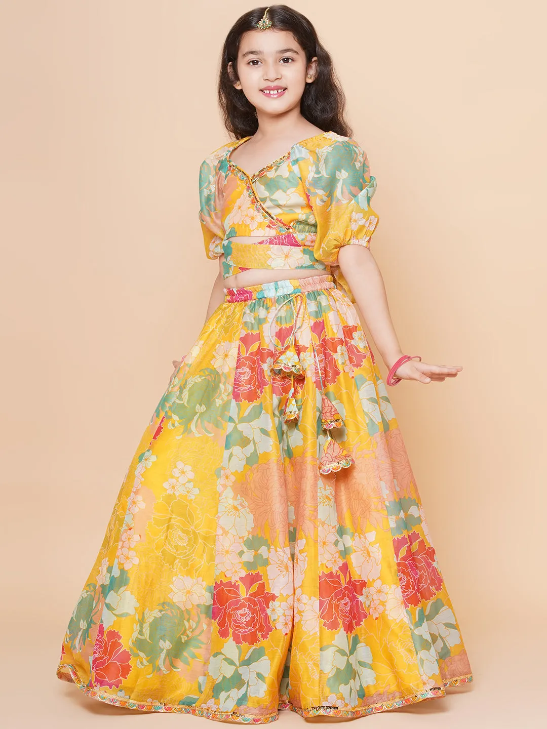 Yellow Multi Floral Printed Jacket with Cami - Sharara For Women & Lehenga Choli Set For Girl